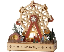 Village animé lumineux en contreplaqué avec grande roue à 7 LED blanc chaud Dicken’s - 12 x 28 x 28 cm