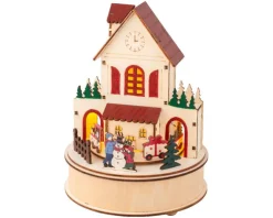 Village animé rond en contreplaqué avec école et train lumineux 3 LED blanc chaud - Ø 15 x H 20,3 cm