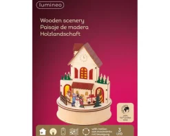 Village animé rond en contreplaqué avec école et train lumineux 3 LED blanc chaud - Ø 15 x H 20,3 cm